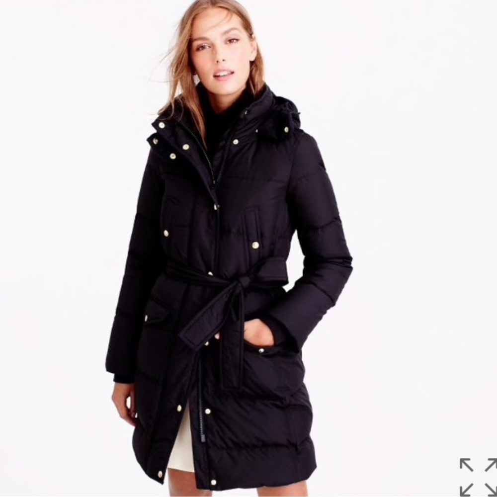 J. Crew Black Puffer Jacket with Hood and Quilted Design